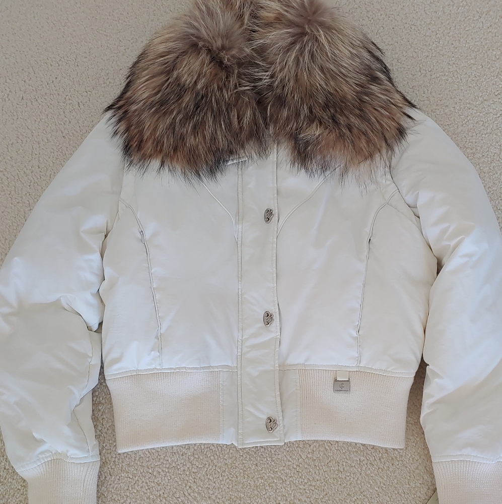 Roca Wear Jacket Womens Sz M Y2K Chain Puffer White Pink Gold Fx Fur Vintage NEW